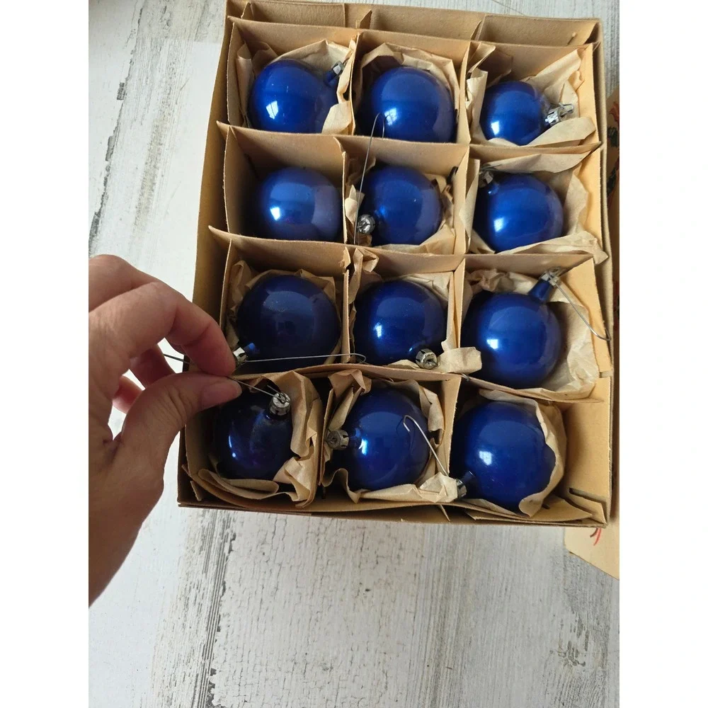 Vintage Poland blue solid ornament set box Xmas tree
